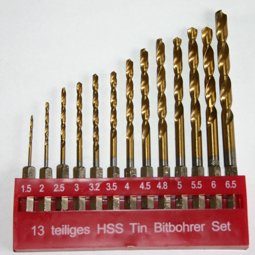 13 tlg Bitbohrer Set HSS TIN f. Bithalter  1,5 - 6,5mm Bohrer